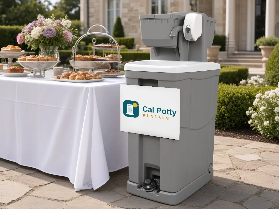 A grey handwashing station beside a dessert buffet table on a stone patio