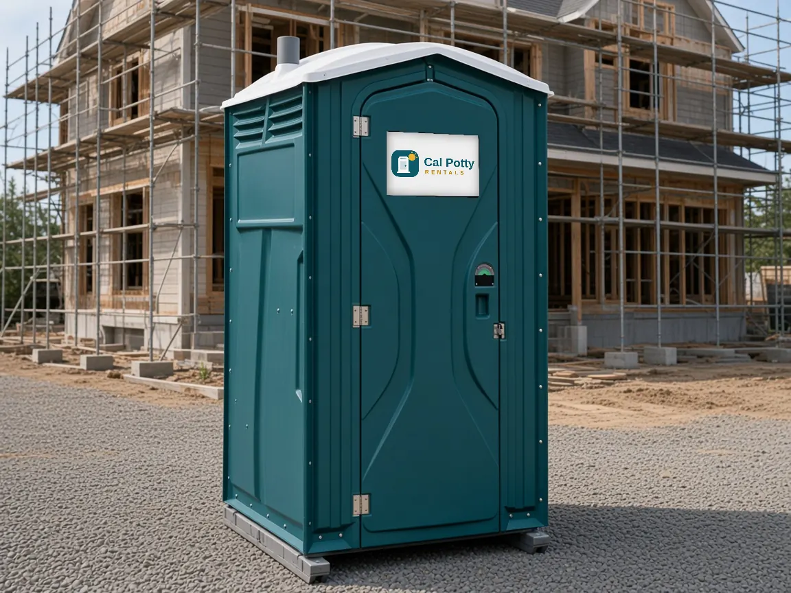 A teal porta potty on gravel in front of a large home under renovation with scaffolding