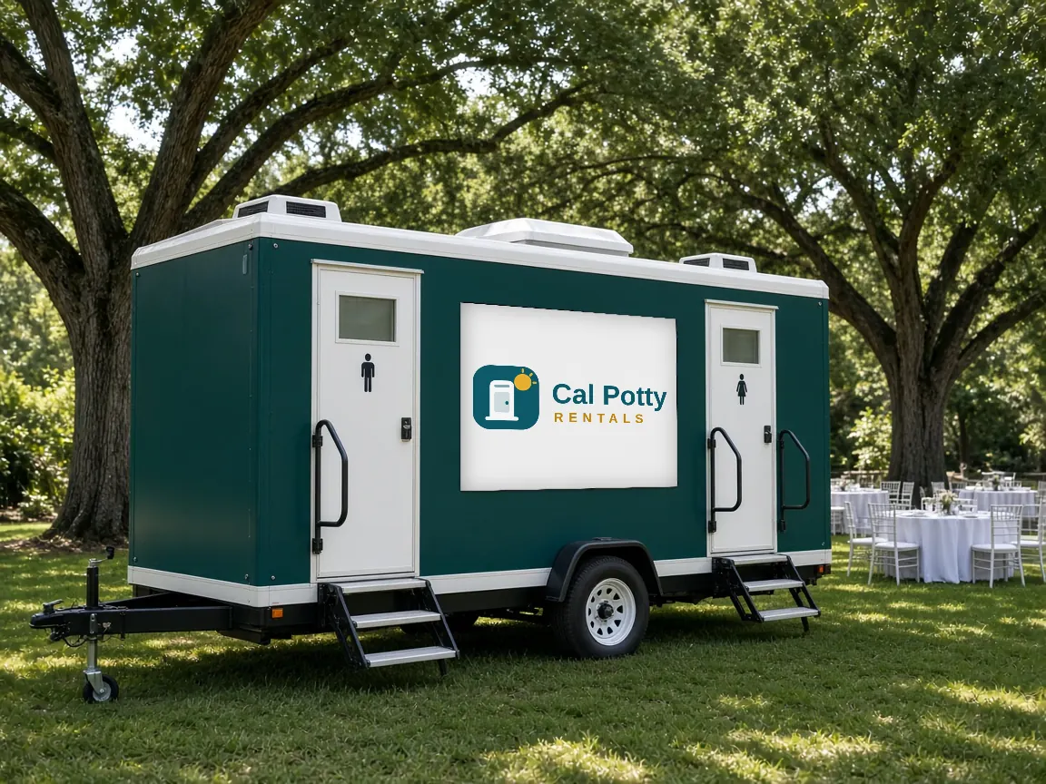 A teal and white restroom trailer on a lawn under large oak trees, with a dining area behind